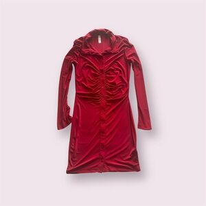 Red Long Sleeve Ruched Dress